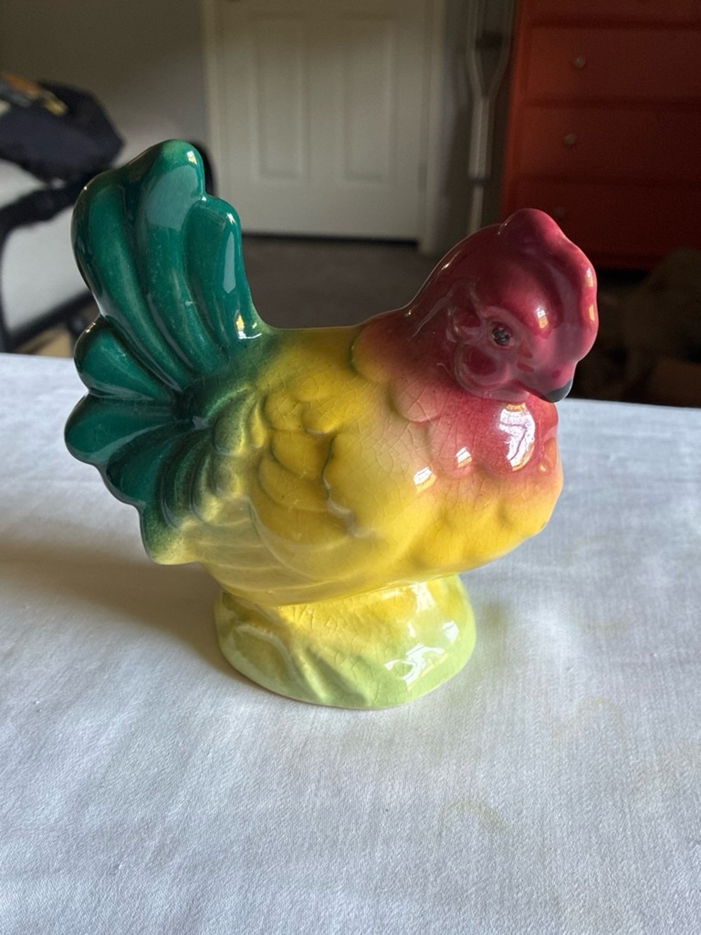 Hand-Painted Ceramic Rooster Figurine in Yellow, Green and Red